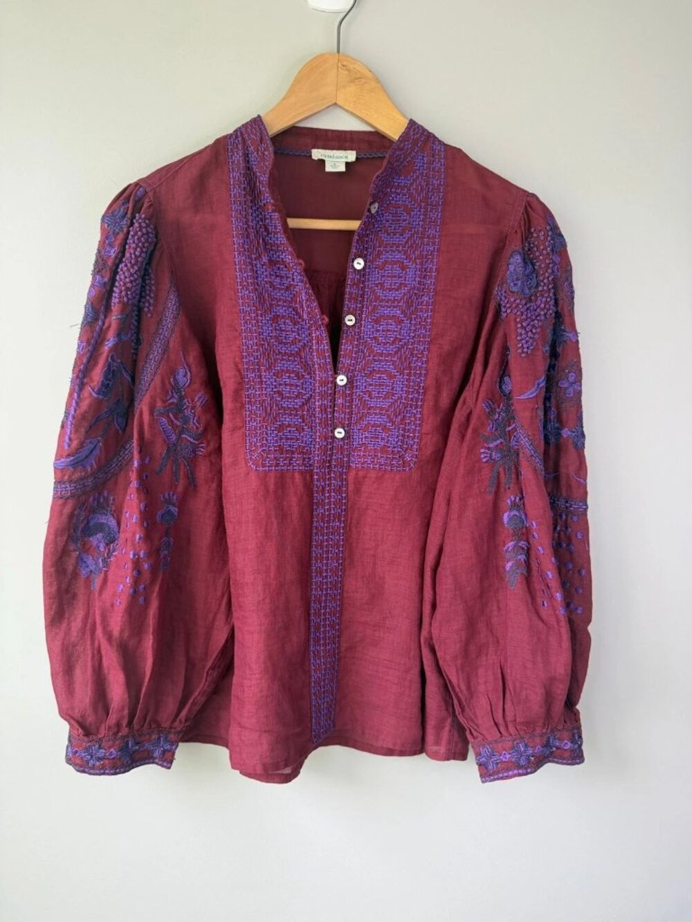 Sundance Catalog Embroidered Boho Christiane Blouse Sz S Cabernet - Picture 3 of 10